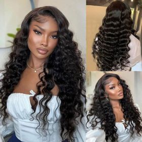 Deep Wave Lace Front Wig Human Hair Density 13x4 Loose Deep Wave HD Lace Front Wig Black Female (Option: Black-38inch)